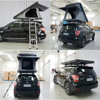 vues devant, derrière, ouverte et fermée tente de toit modèle beige et bleu