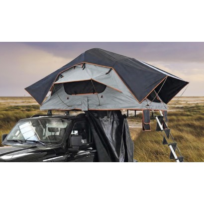 Tente de toit déployante 3 places, toit souple gris clair et anthracite