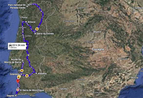 carte des 10 spots en tente de toit au Portugal
